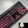 Detailed gallery of luminous BanG Dream Ave Mujica PBT keycaps set, revealing their dark, stylized aesthetic and vibrant, all-around backlit legends.