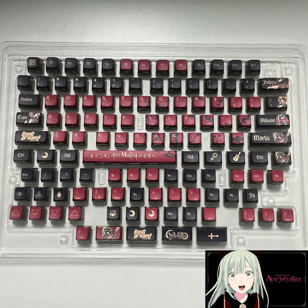 Luminous BanG Dream Ave Mujica PBT keycaps set showcasing vibrant, all-around backlit legends and stylized dark aesthetic from multiple artistic angles.