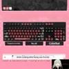 Multiple detailed views of the luminous BanG Dream Ave Mujica PBT keycap set, featuring vibrant backlighting and a dark, artistic aesthetic.