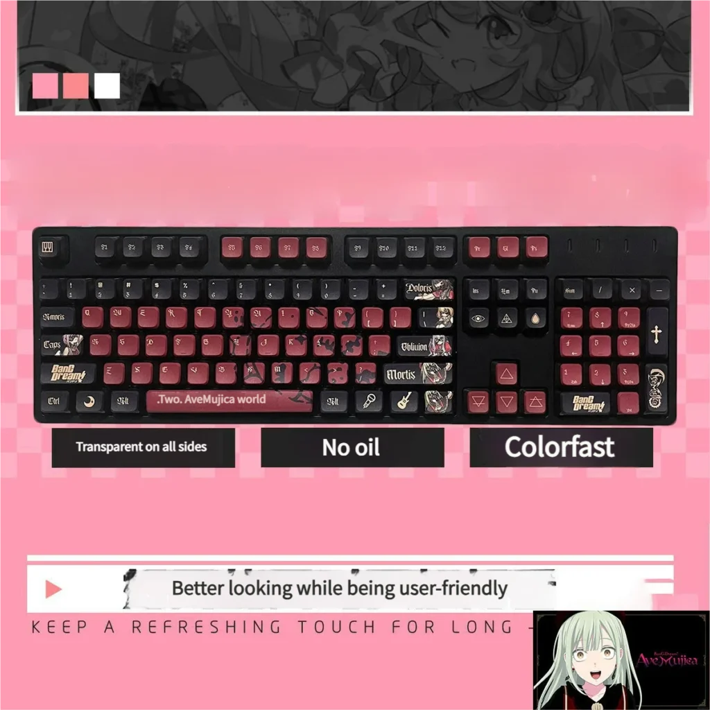 Multiple detailed views of the luminous BanG Dream Ave Mujica PBT keycap set, featuring vibrant backlighting and a dark, artistic aesthetic.