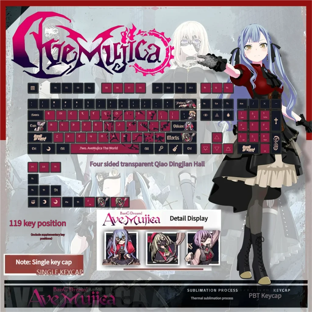 Luminous BanG Dream Ave Mujica PBT keycap set displayed from multiple angles, highlighting the dark, stylized aesthetic and vibrant, all-around backlighting design.