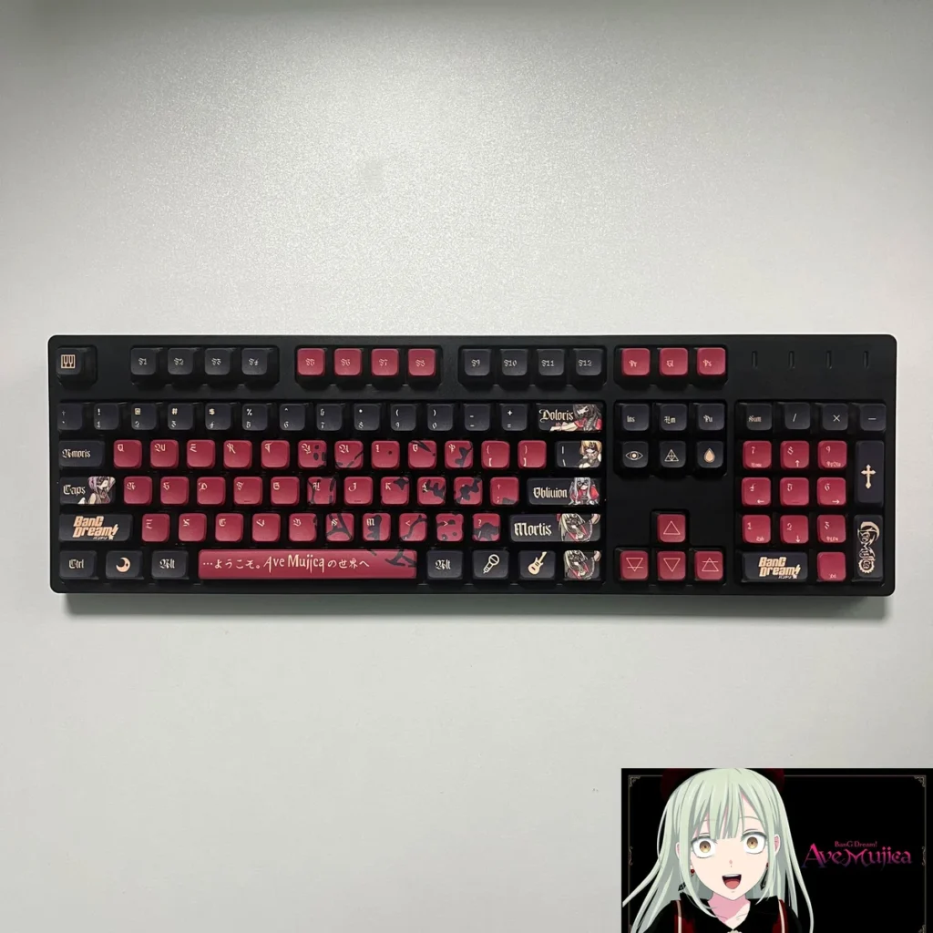 Close-up of the Luminous BanG Dream Ave Mujica PBT Keycap Set, showcasing its dark, stylized design and vibrant, all-around backlit legends.