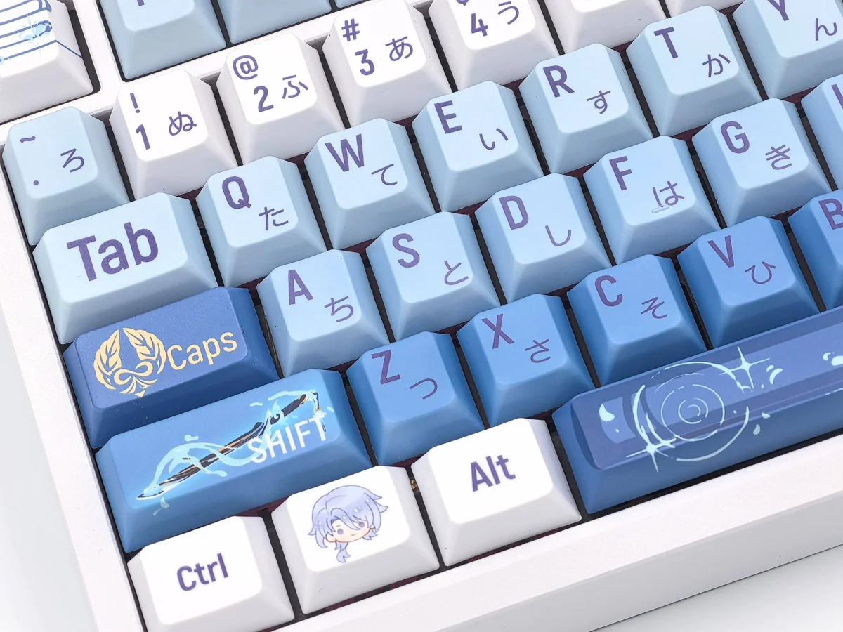 Close-up views of the elegant Ayato keycap set, showcasing its exclusive Genshin Impact Kamisato Ayato custom design from multiple artistic angles.