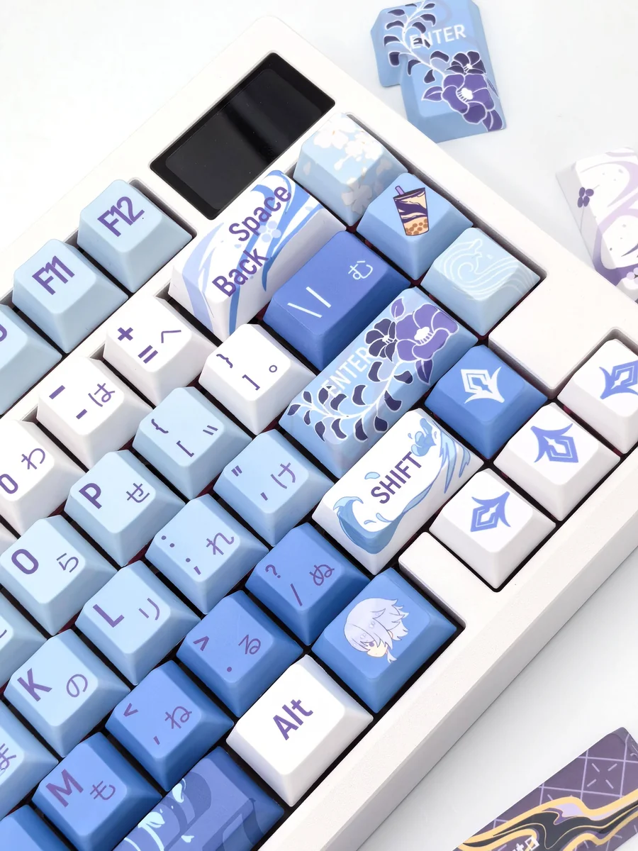 A collection of artistic Ayato Keycap Set images, showcasing the exclusive Genshin Impact Kamisato Ayato custom design from multiple elegant angles.