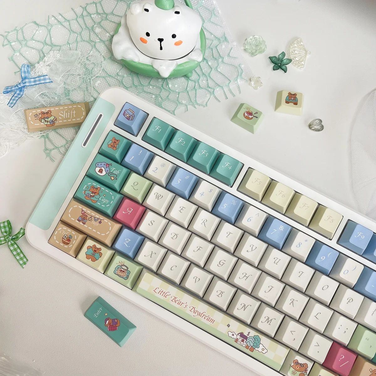 Close-up views of Bear Daydream PBT keycaps set, revealing their unique whimsical art and colorful scenes of dreaming bears from various angles.