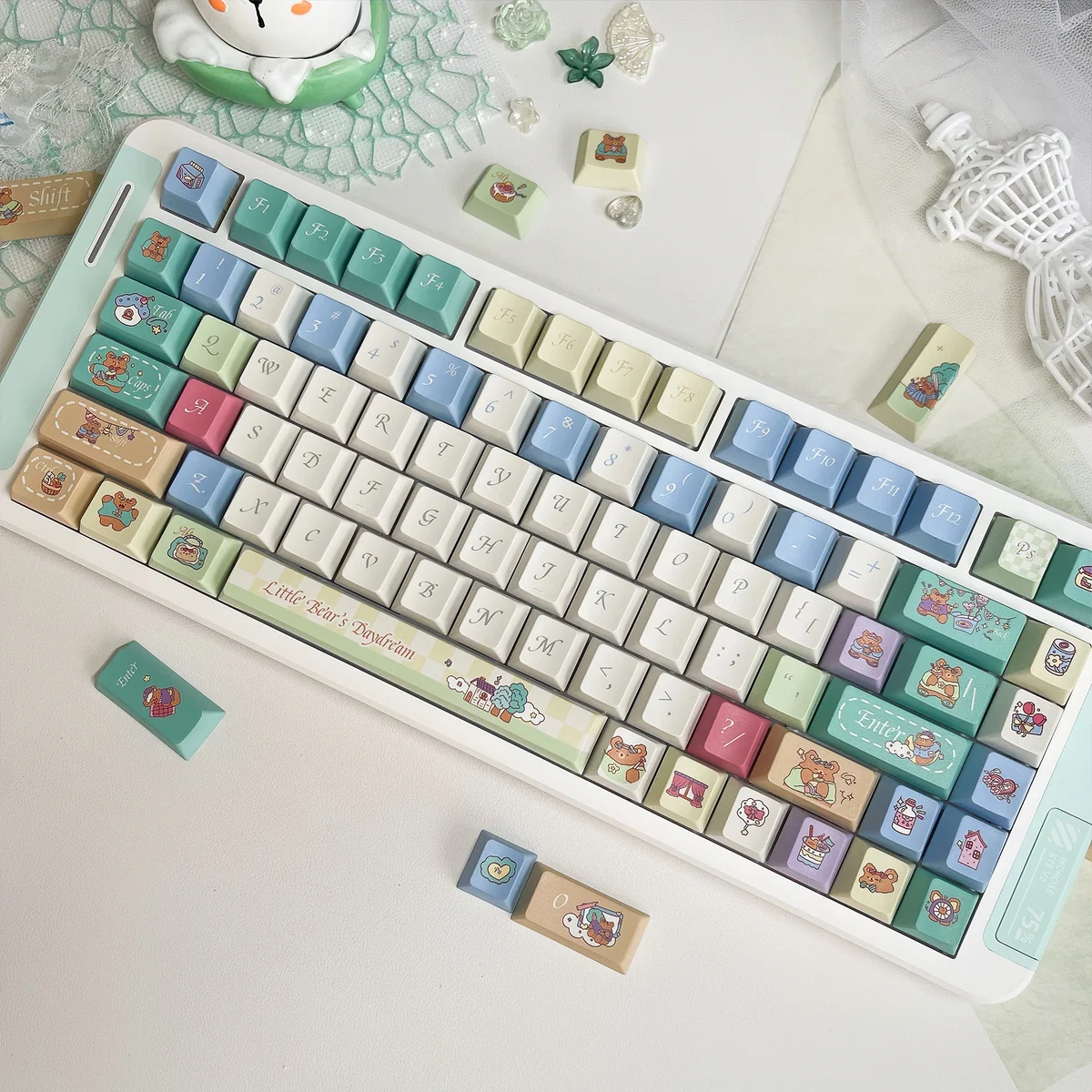 A detailed view of a whimsical Bear Daydream PBT keycap set, highlighting its vibrant, unique artistic design perfect for custom keyboard art.