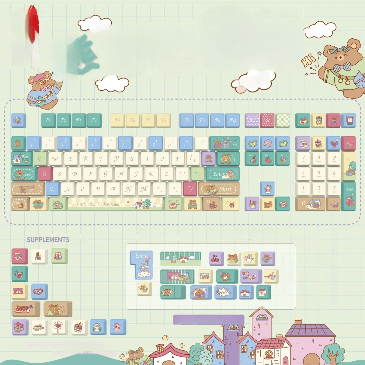 Detailed view of the unique Bear Daydream PBT keycaps set, featuring playful bears dreaming amidst a colorful, imaginative world.