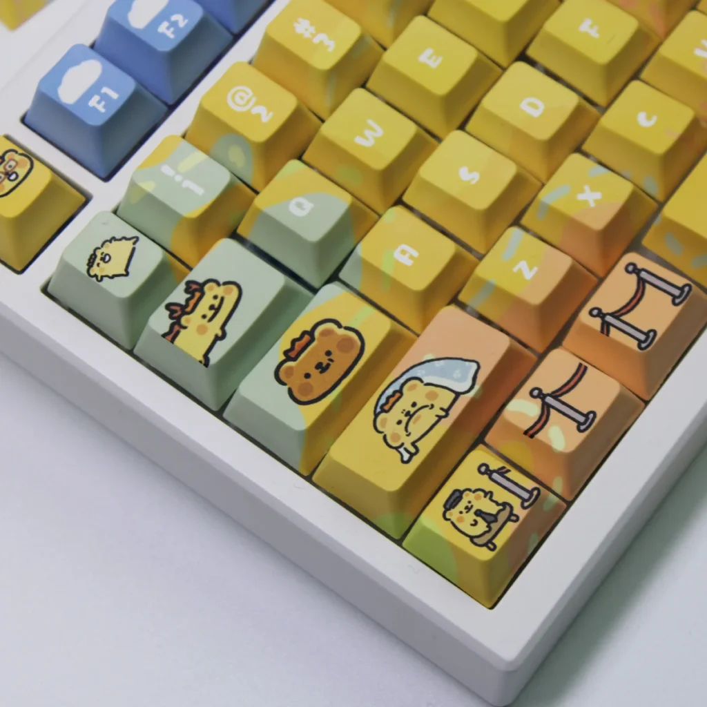 Detailed gallery views of the whimsical BearisBug PBT dye-sub keycaps set, showcasing the charming creature motif from various angles with vibrant, soft design.
