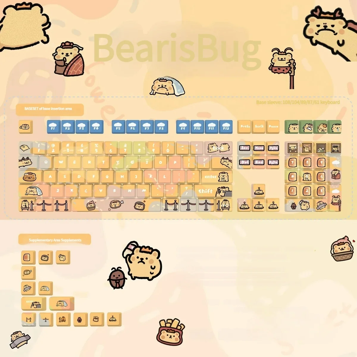 Detailed view of Whimsical BearisBug PBT dye-sub keycaps set, showcasing charming creature illustrations and vibrant, soft colors from a unique angle.