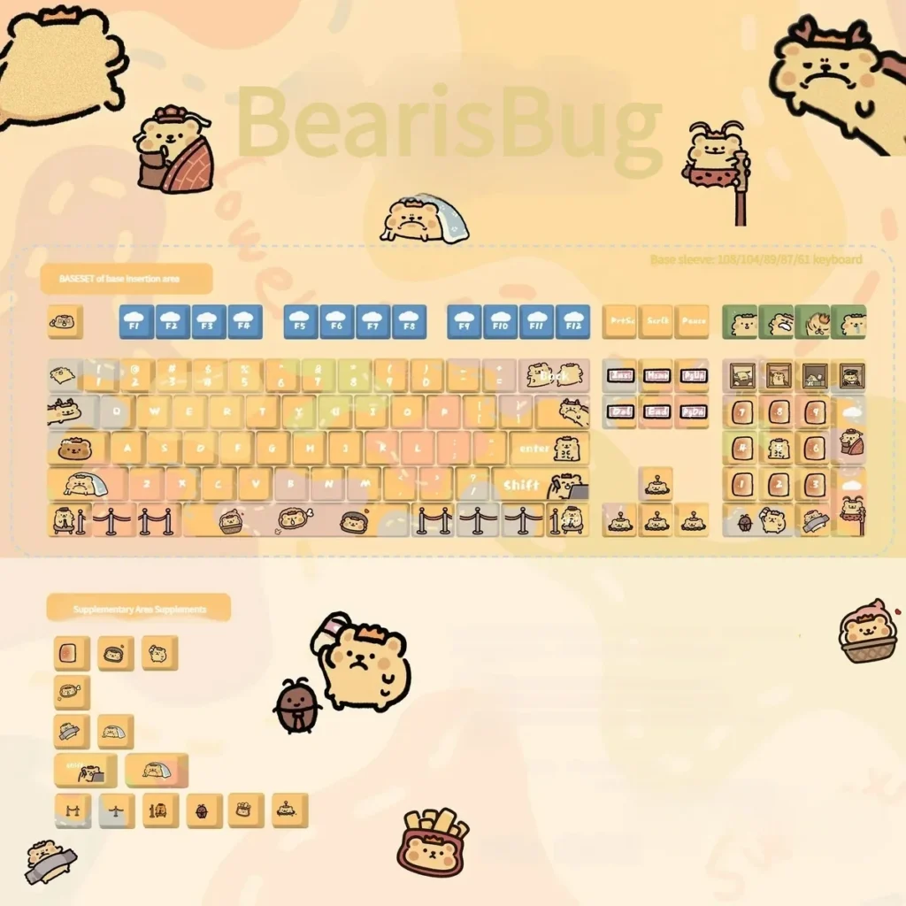 Whimsical BearisBug PBT dye-sub keycaps set, Cherry profile, showcasing playful side-printed backlit characters for a charming keyboard glow.