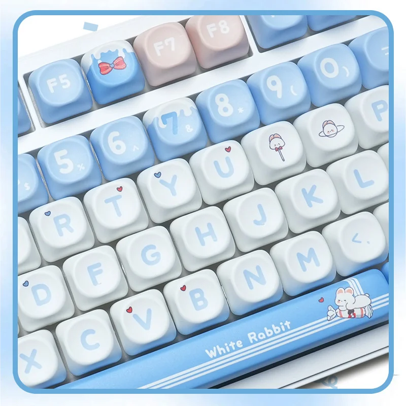 White Rabbit MOA PBT keycaps set from an angled view, revealing the comfy spherical profile and iconic milky white, blue, and red candy motif.