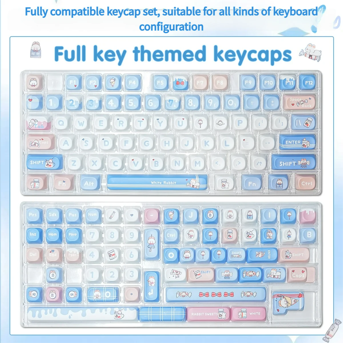 White Rabbit MOA PBT Keycaps Set. Iconic candy motif, durable PBT, and comfy spherical MOA profile shown from various angles.