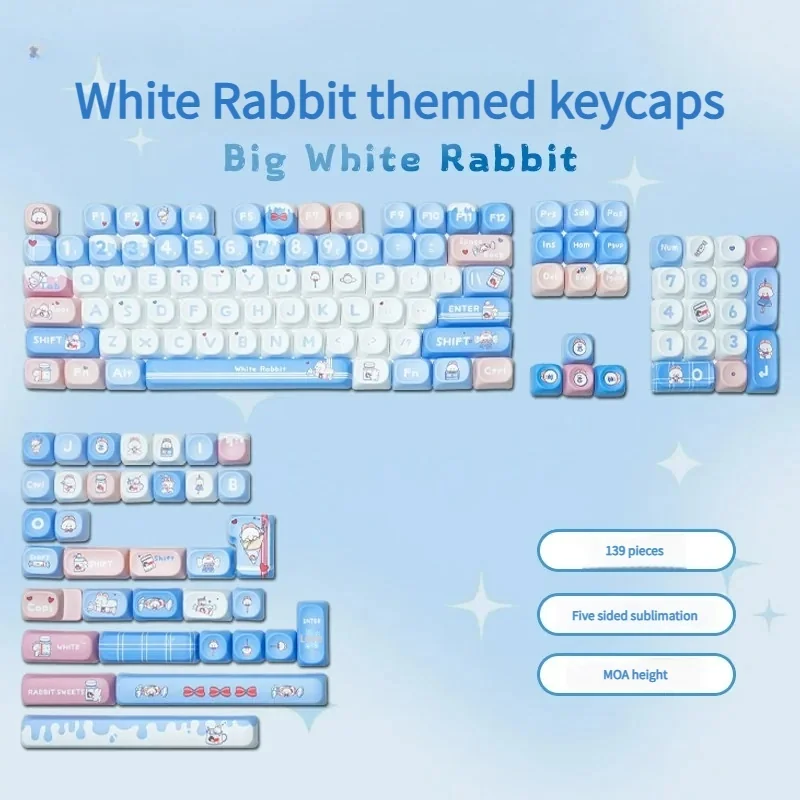 Playful White Rabbit MOA PBT keycaps set, featuring milky white, blue, and red keys with a comfy spherical profile for a nostalgic typing feel.