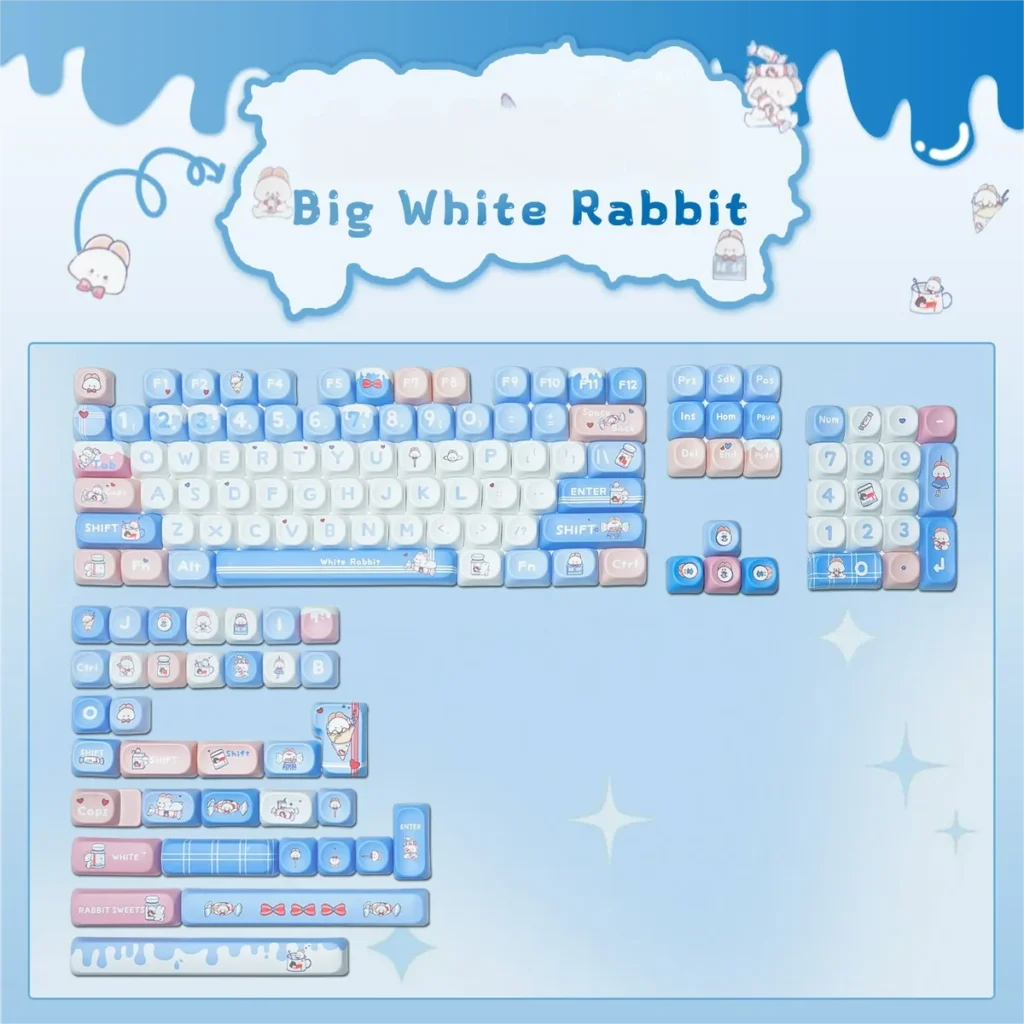 Iconic White Rabbit PBT keycaps set with milky white, blue, and red accents, showcasing a playful MOA spherical profile.