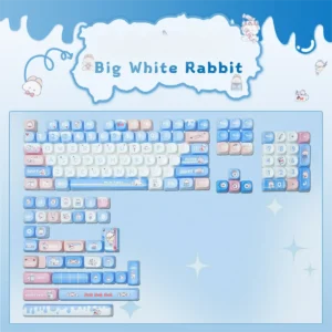 Iconic White Rabbit PBT keycaps set with milky white, blue, and red accents, showcasing a playful MOA spherical profile.