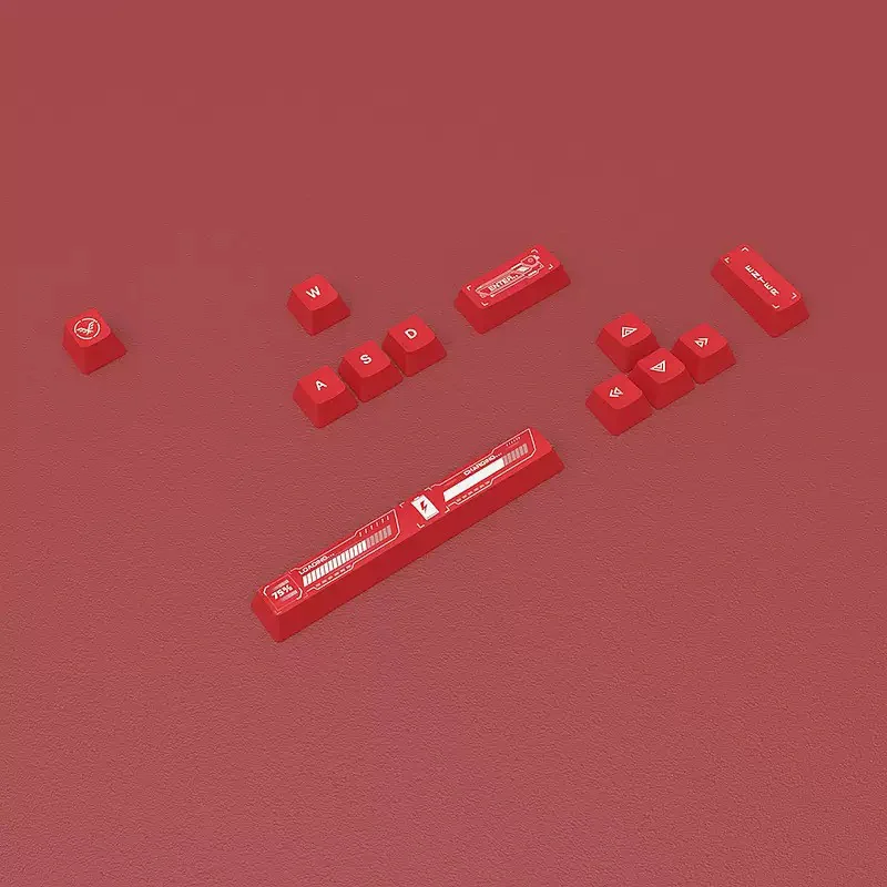 Multiple angles of premium Biohazard PBT Dye-Sub Supplement Keycaps Set, showcasing striking red and yellow toxic waste motifs on a dark base.