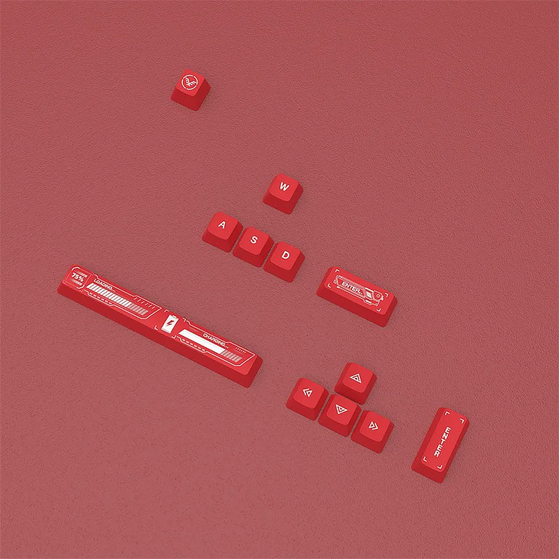 Striking Biohazard PBT Supplement keycaps set from multiple angles, highlighting vibrant red and yellow toxic waste designs with artistic precision.