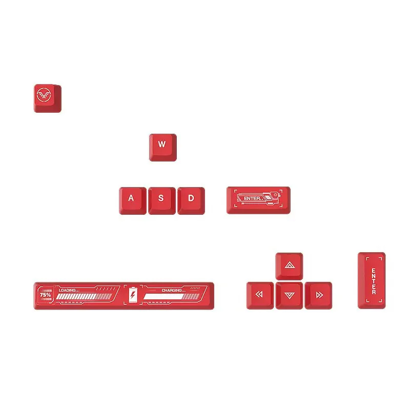 Distinctive Biohazard PBT Supplement keycaps set shown from multiple angles, showcasing vibrant red and yellow dye-sub toxic waste motifs on a dark base.