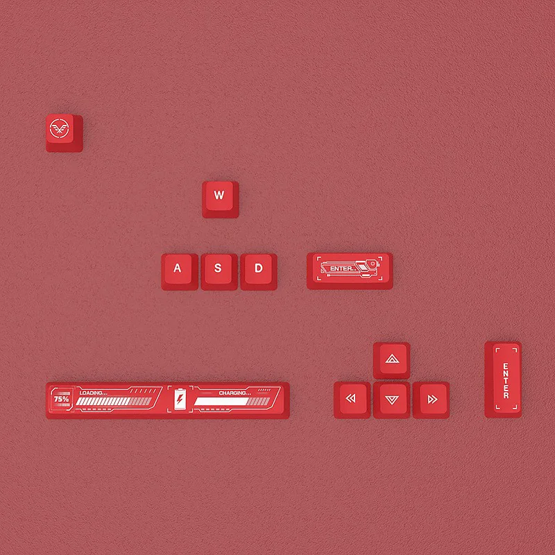 Distinctive Biohazard PBT Supplement Keycaps Set gallery: various angles reveal vibrant red and yellow toxic motifs on a dark base, unleashing premium artistic style.