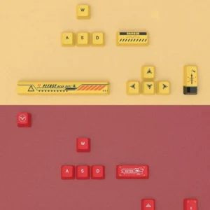 Distinctive Biohazard PBT Supplement Keycap Set featuring vibrant red and yellow toxic waste motifs on a dark base, unleashing toxic style.