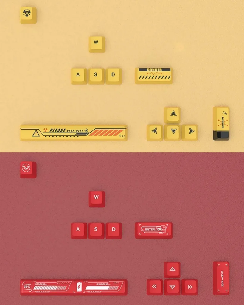 Distinctive Biohazard PBT Supplement Keycap Set featuring vibrant red and yellow toxic waste motifs on a dark base, unleashing toxic style.