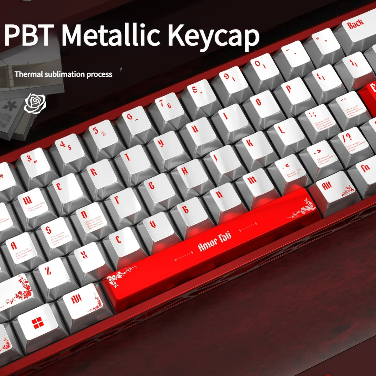 Blood Rose Keycaps Set from a refined angle, showcasing the unique shimmering gothic pearlescent metallic finish and dark romantic aesthetic.