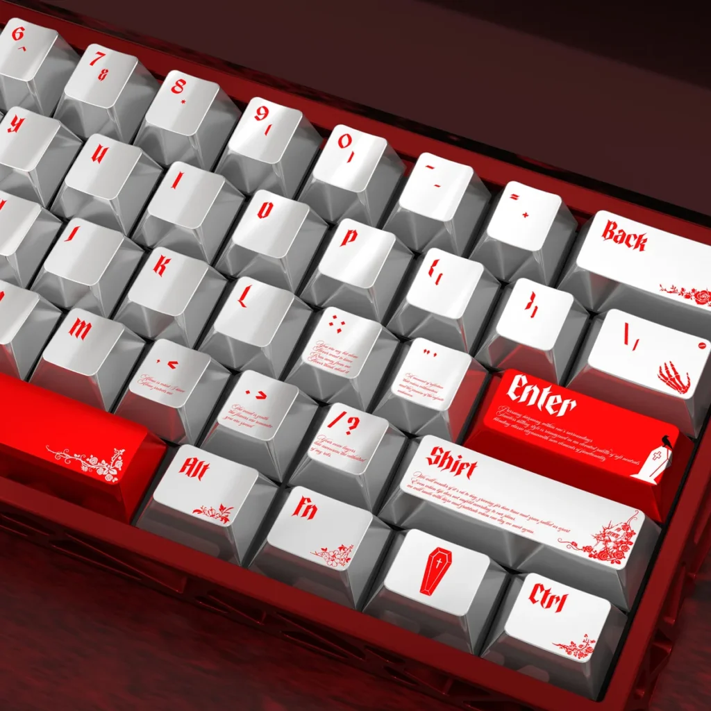 A collection of Blood Rose Keycaps Set, showcasing their unique pearlescent metallic finish and dark gothic elegance from various angles.