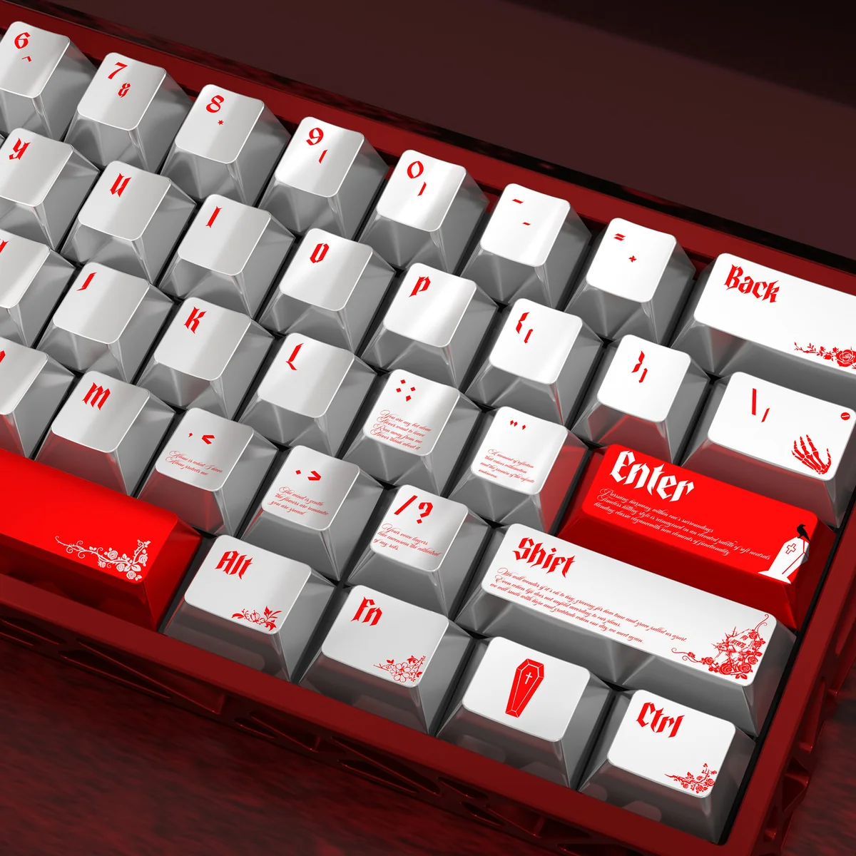 A collection of Blood Rose Keycaps Set, showcasing their unique pearlescent metallic finish and dark gothic elegance from various angles.