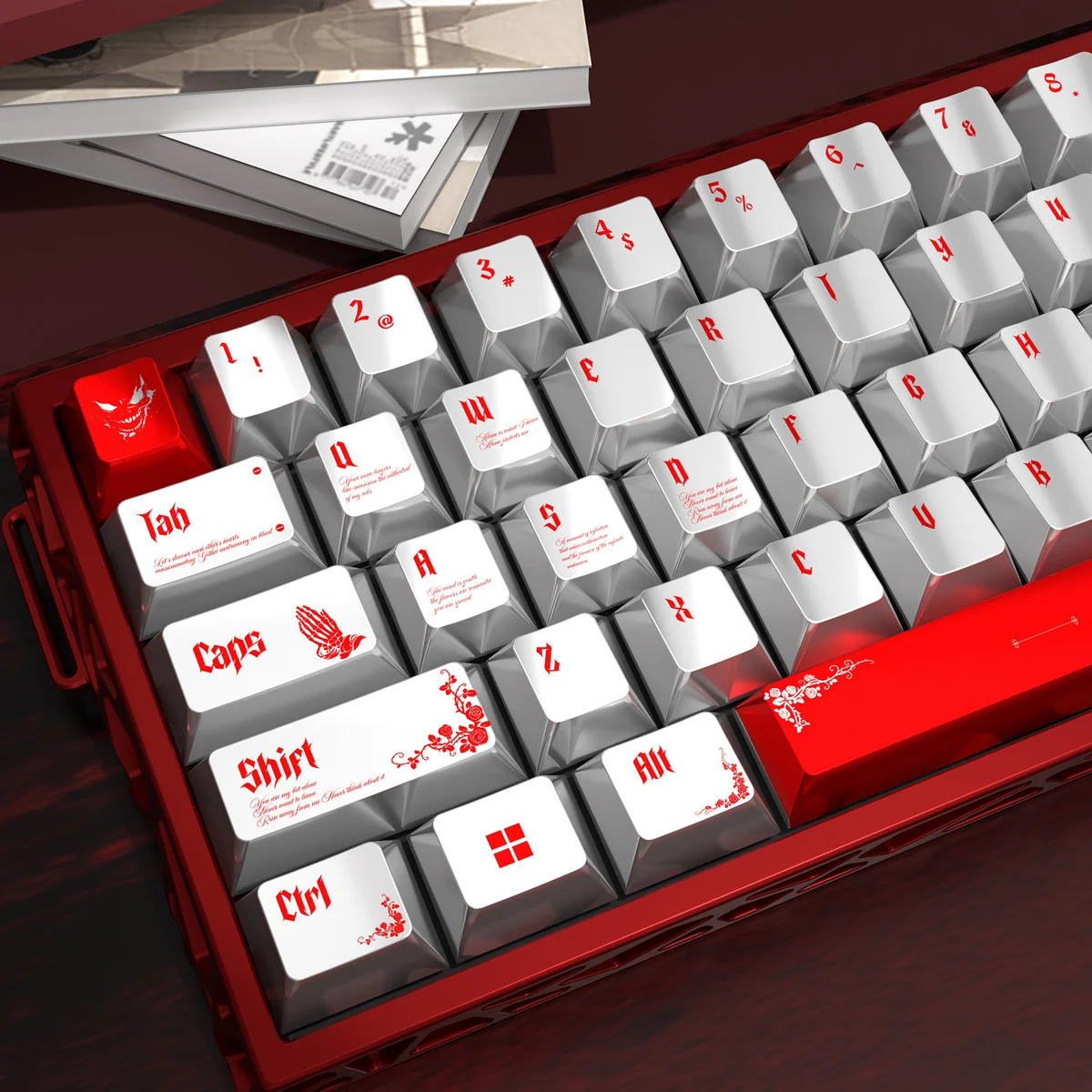 Blood Rose Keycaps Set from varied angles, revealing their unique gothic pearlescent metallic finish and dark romantic shimmer.