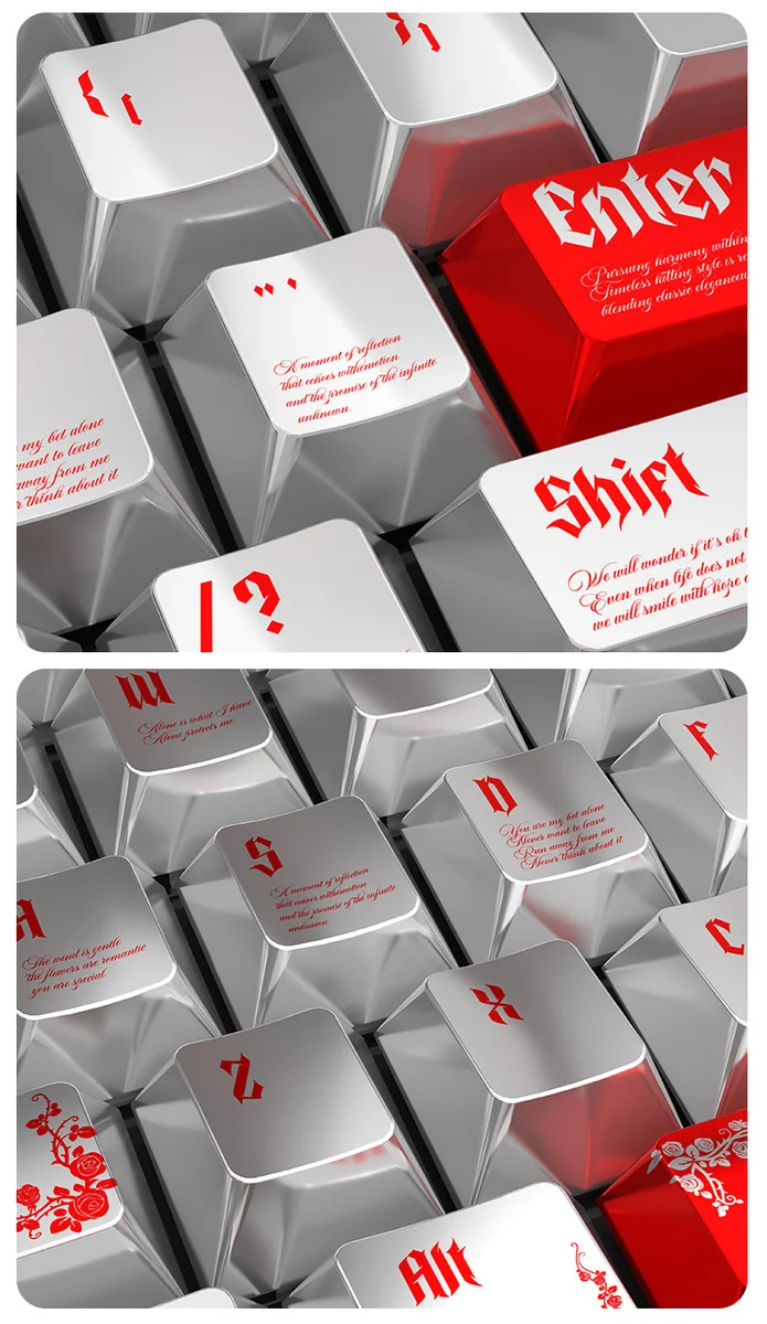 Blood Rose Keycaps Set, a gothic pearlescent set, elegantly displayed from multiple angles, emphasizing their unique shimmering metallic finish and dark aesthetics.