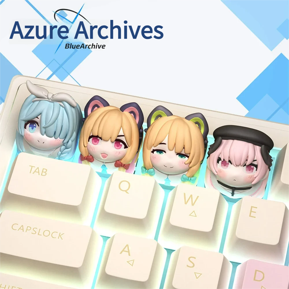 Close-up views of the exclusive Saiba Momoi Blue Archive artisan keycap, showcasing its vibrant, handcrafted anime character design from various playful angles.