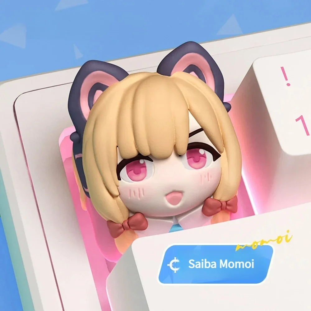 Vibrant Saiba Momoi Blue Archive artisan keycap, showcasing the exclusive handcrafted anime character head from multiple playful angles.