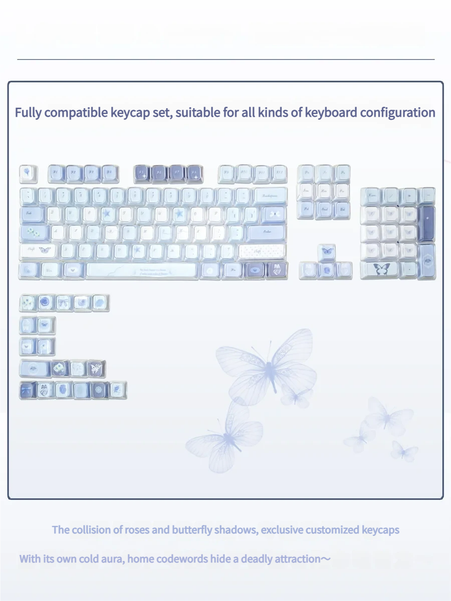 Exquisite Ethereal Blue Butterfly Keycap Set with delicate rose shadow design, showcasing its intricate floral details and KDA profile from multiple artistic angles.