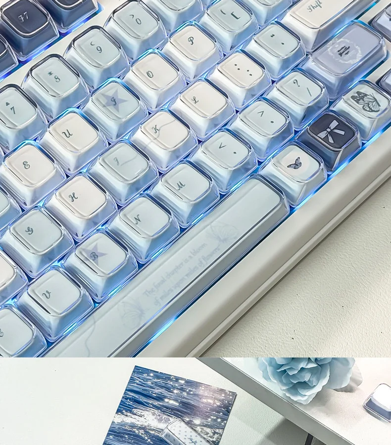 Ethereal blue butterfly KDA keycap set from multiple angles, showcasing its exquisite rose shadow design and intricate floral details. A dreamlike, artistic angles.