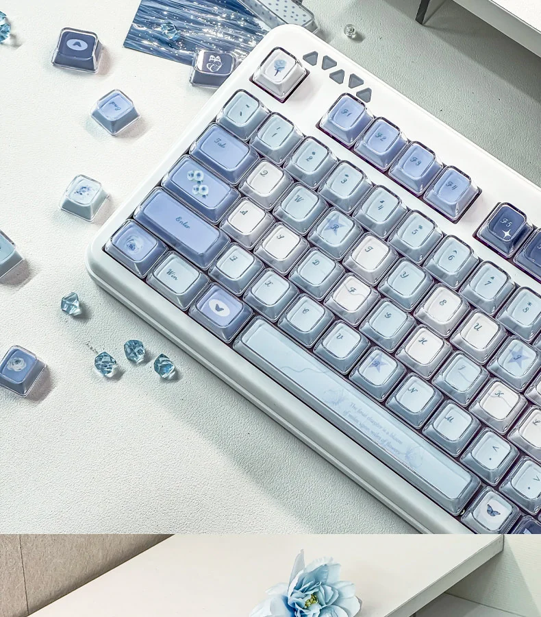 Gallery of the Ethereal Blue Butterfly Keycap Set, revealing its exquisite Rose Shadow design and intricate floral beauty from various angles.