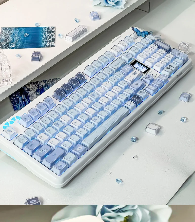 Ethereal blue butterfly KDA keycap set from multiple angles, showcasing its exquisite rose shadow design and intricate floral details. A dreamlike, artistic angles.
