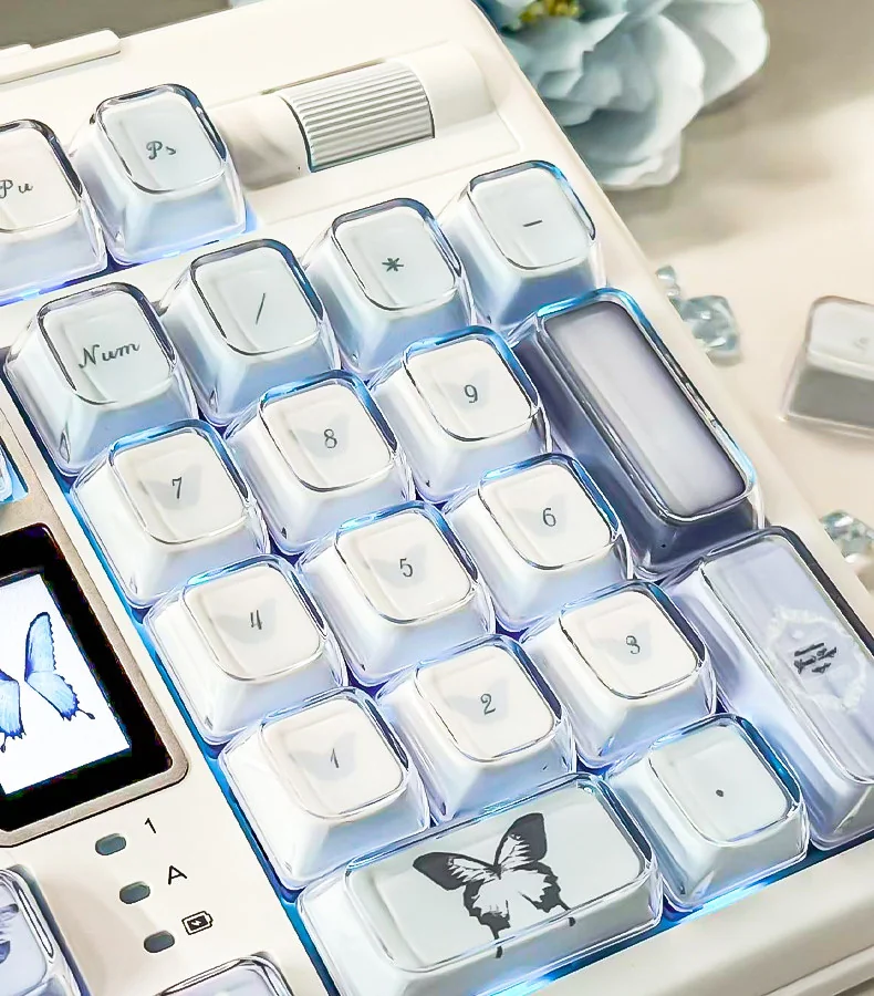 Ethereal Blue Butterfly Keycap Set: Rose Shadow KDA. Exquisite blue butterfly, rose shadow. Multiple angles reveal intricate, dreamlike floral details.
