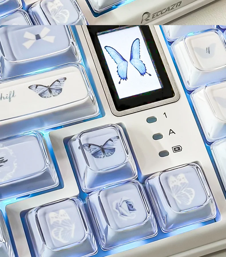 Ethereal Blue Butterfly Keycap Set: Rose Shadow KDA Profile. Exquisite blue butterfly, rose shadow. Multiple angles reveal intricate, dreamlike floral details.