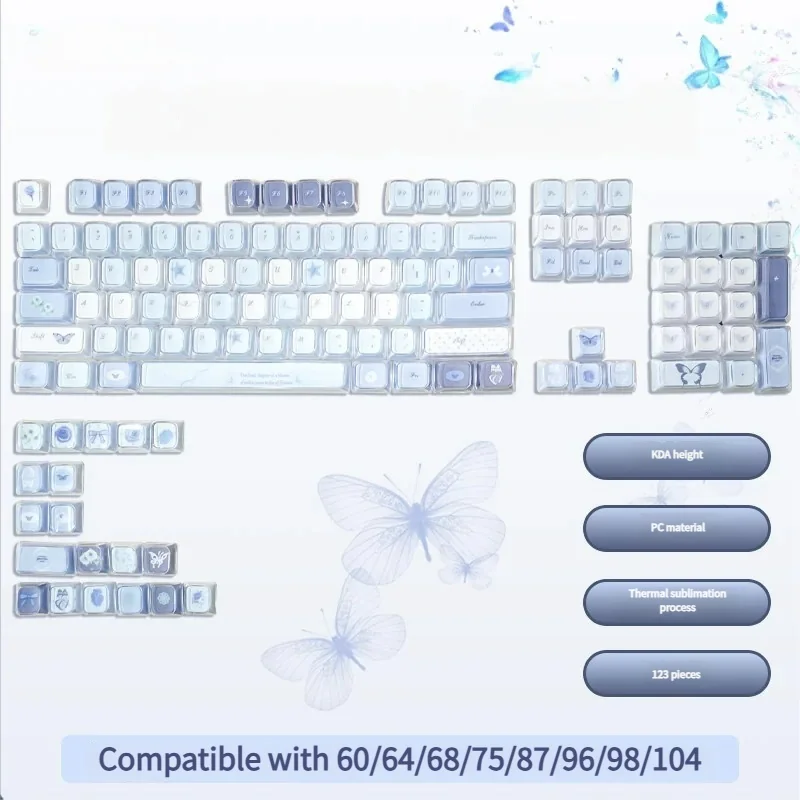 Exquisite blue butterfly keycap set featuring an ethereal rose shadow design on the KDA profile, a dreamlike and intricate artistic accessory.