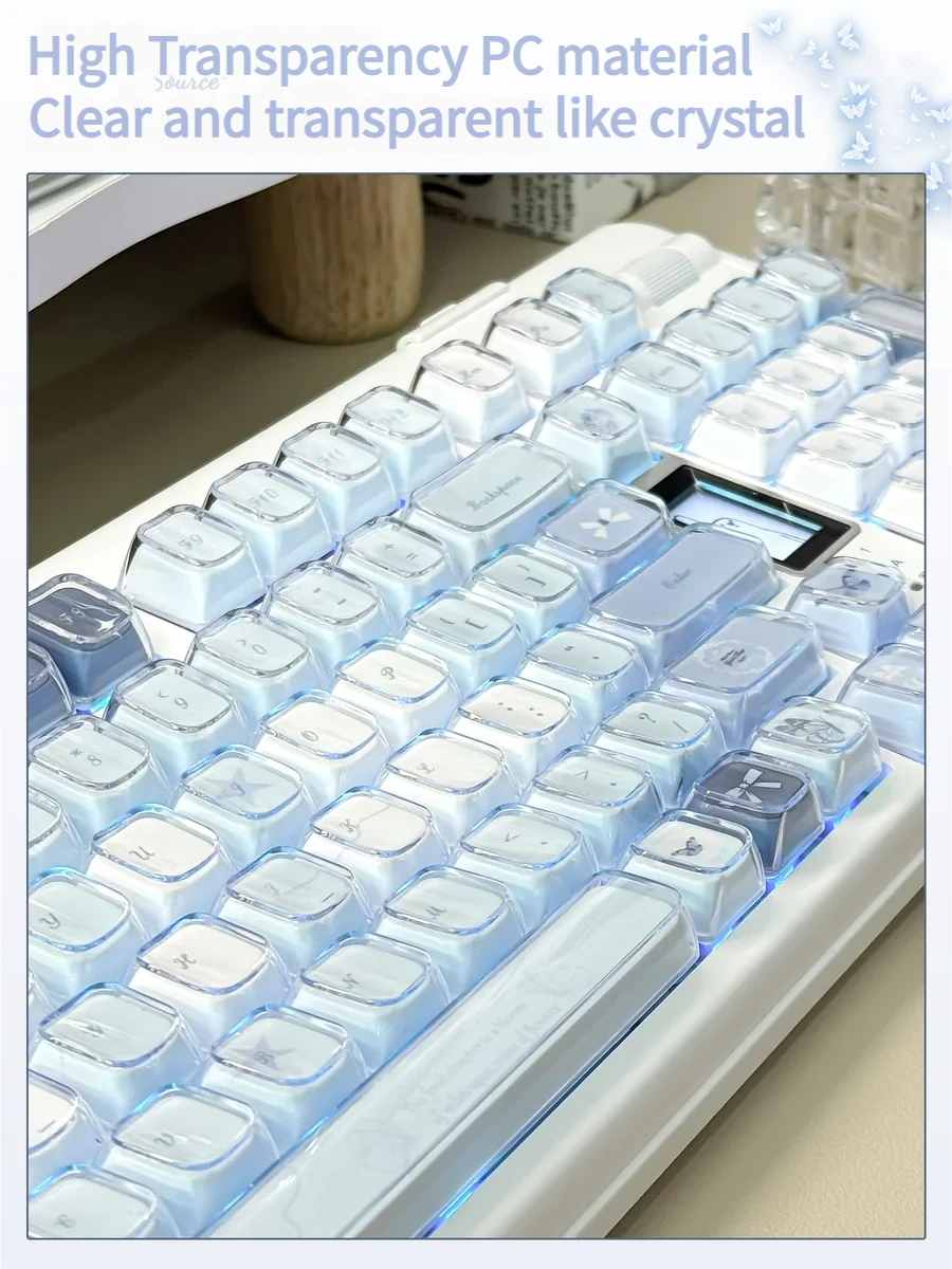 Ethereal Blue Butterfly Keycap Set with an exquisite Rose Shadow design, showcasing the intricate KDA profile and delicate floral details from multiple argles.