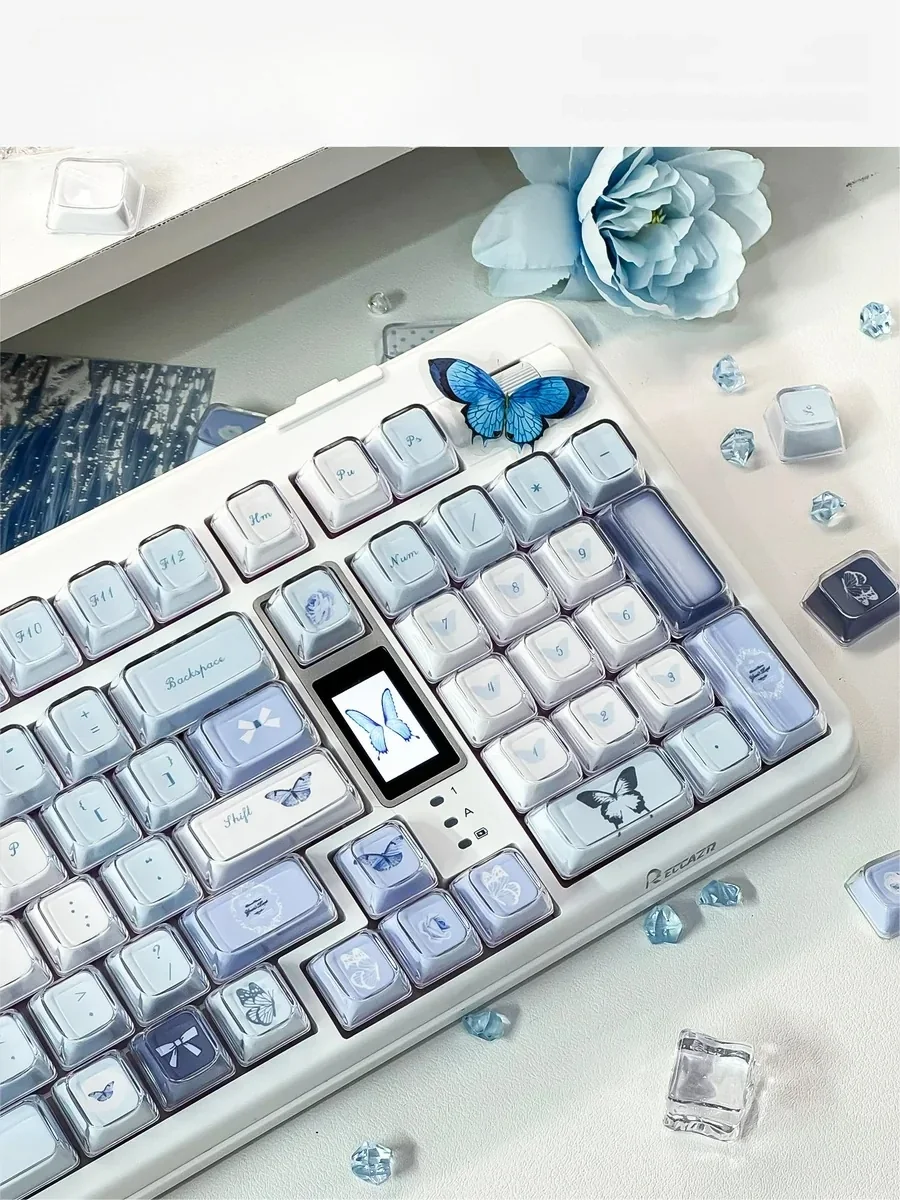Ethereal blue butterfly KDA keycap set from multiple angles, showcasing its exquisite rose shadow design and intricate floral details. A dreamlike, artistic angles.