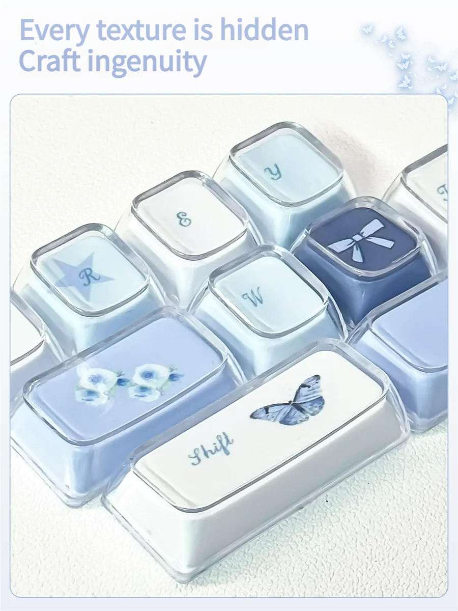 Ethereal Blue Butterfly Keycap Set: Rose Shadow KDA. Exquisite blue butterfly, rose shadow. Multiple angles reveal intricate, dreamlike floral details.