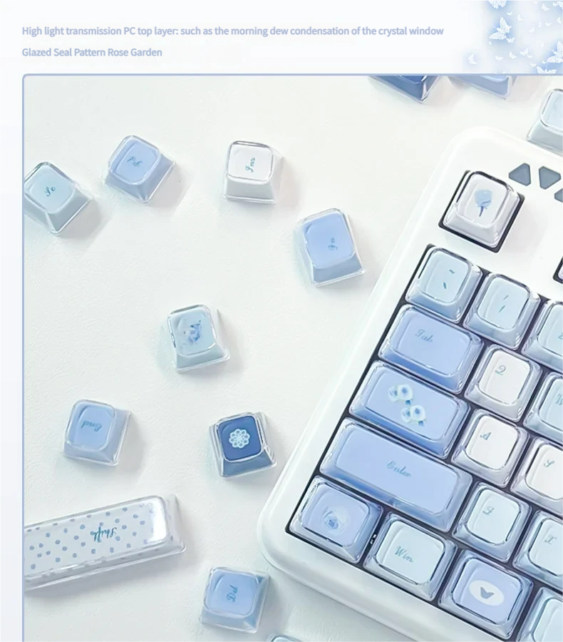 Gallery of the Ethereal Blue Butterfly Keycap Set, revealing its exquisite Rose Shadow design and intricate floral beauty from various angles.
