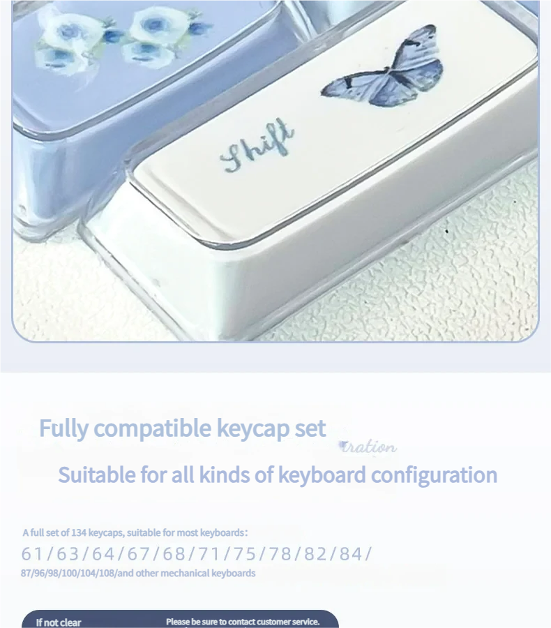 Ethereal blue butterfly KDA keycap set from multiple angles, showcasing its exquisite rose shadow design and intricate floral details. A dreamlike, artistic angles.