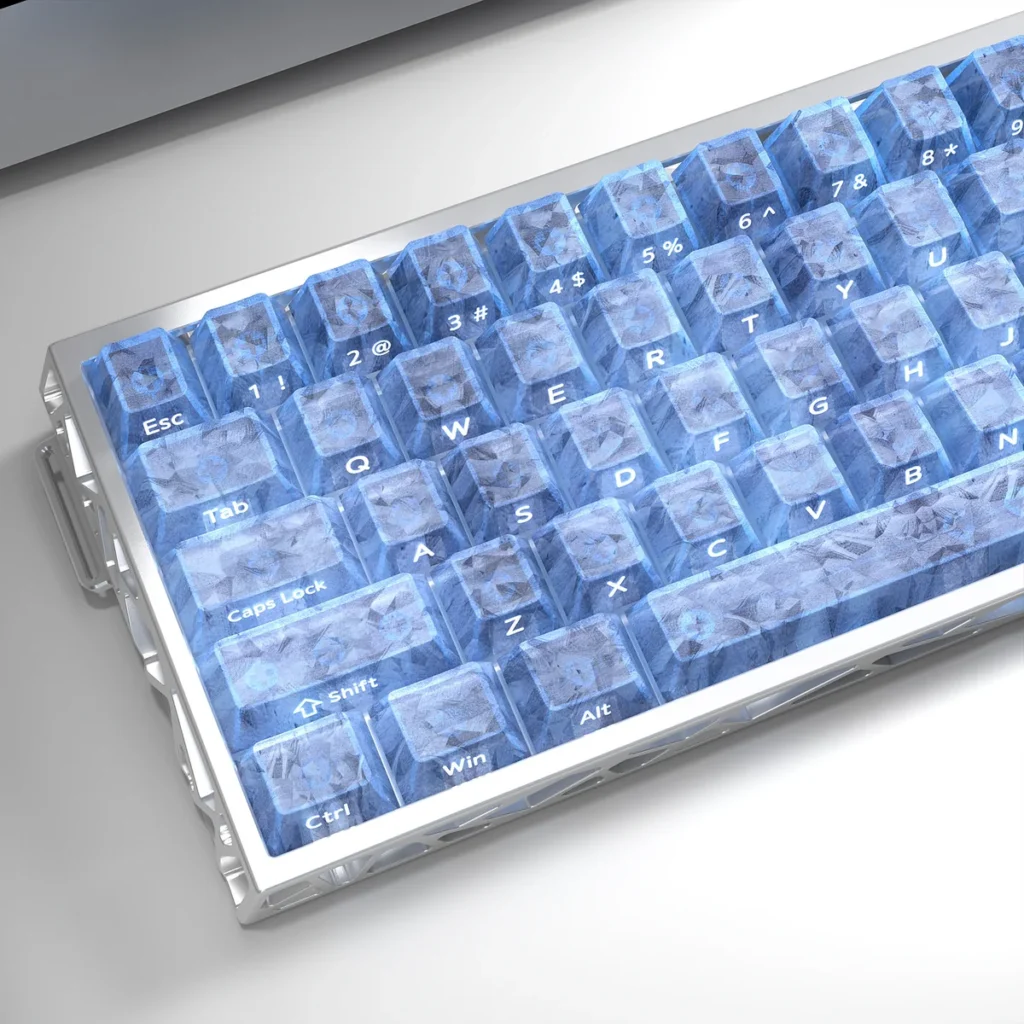 A fresh angle of the exclusive blue forged carbon keycaps set, highlighting its dynamic texture and sleek, modern design. Premium quality.