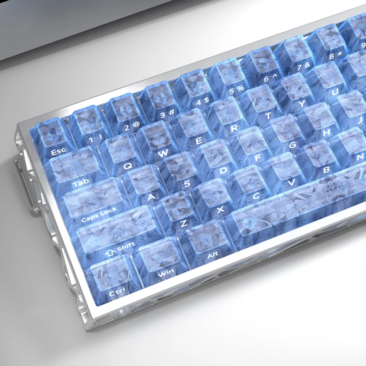 A fresh angle of the exclusive blue forged carbon keycaps set, highlighting its dynamic texture and sleek, modern design. Premium quality.