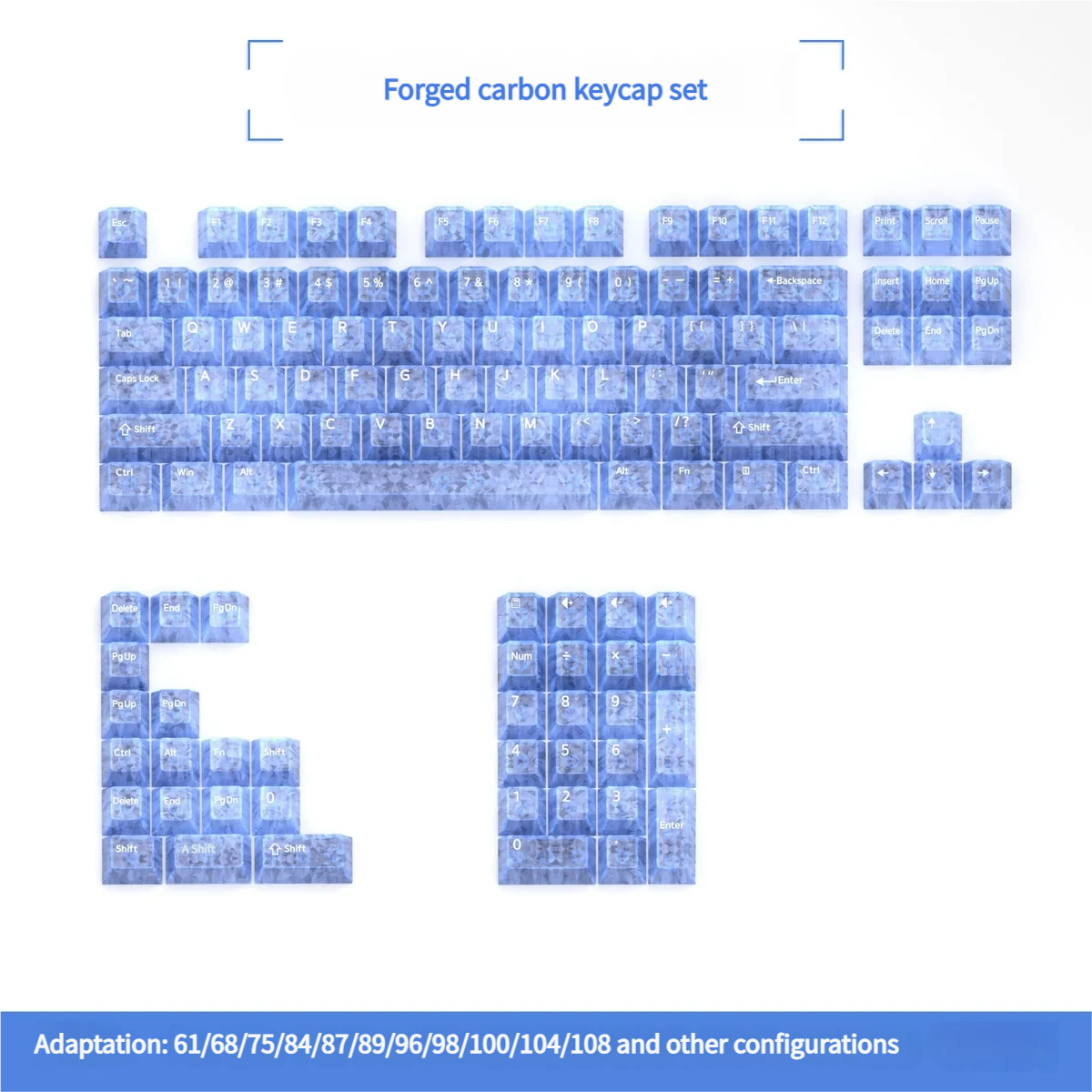 Premium blue forged carbon PC keycaps set, showcasing exclusive texture and crisp top-printed legends. This modern, sleek design elevates any custom keyboard.