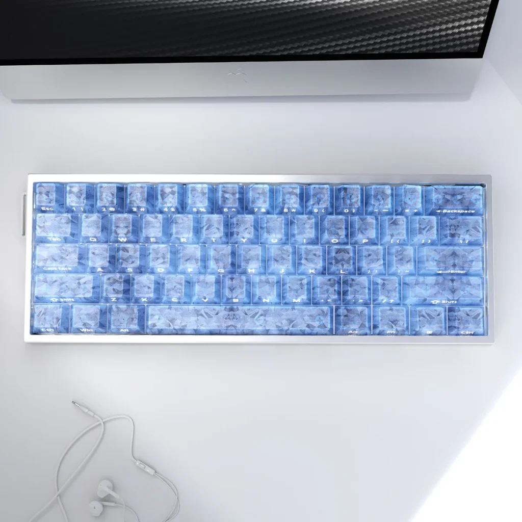 Exclusive Blue Forged Carbon Keycaps Set, shown from various angles. Highlights the unique blue forged carbon texture, sleek modern design, and side-printed design.