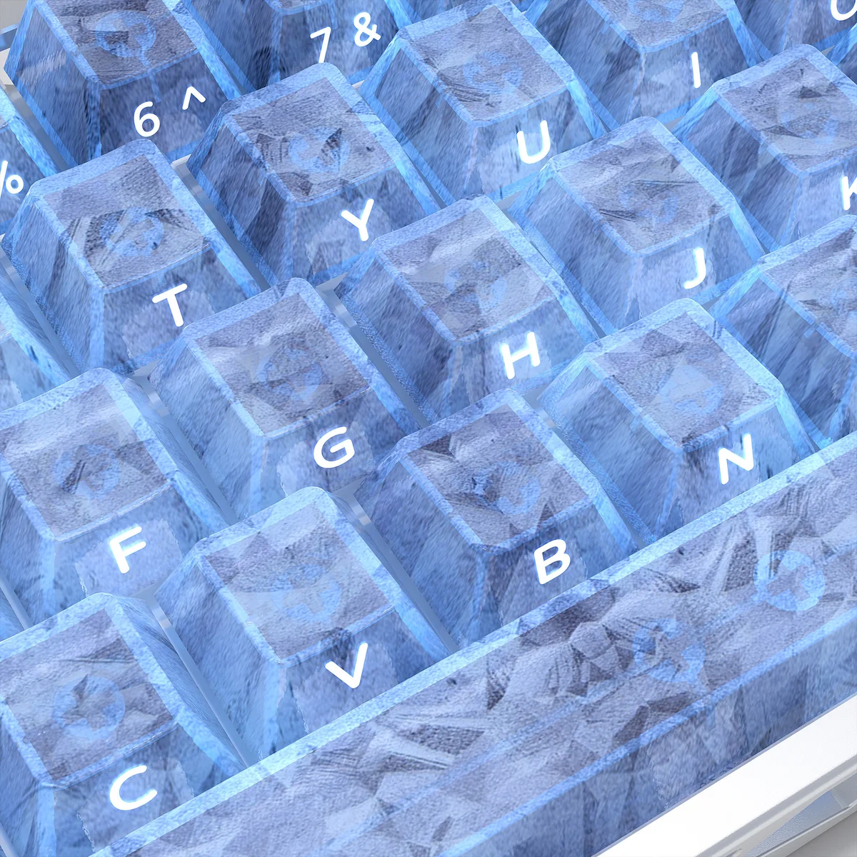 Exclusive blue forged carbon keycap set gallery, showcasing the dynamic texture and modern side-printed legends from various premium angles.