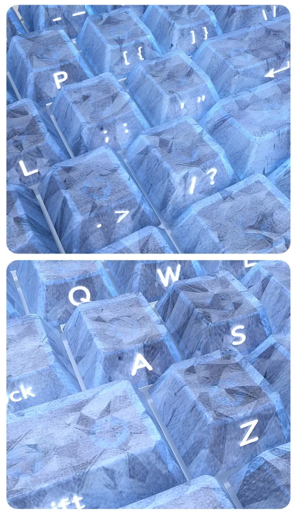 A close-up of the exclusive blue forged carbon texture PC keycaps set, featuring sleek side-printed legends and a modern, dynamic aesthetic.